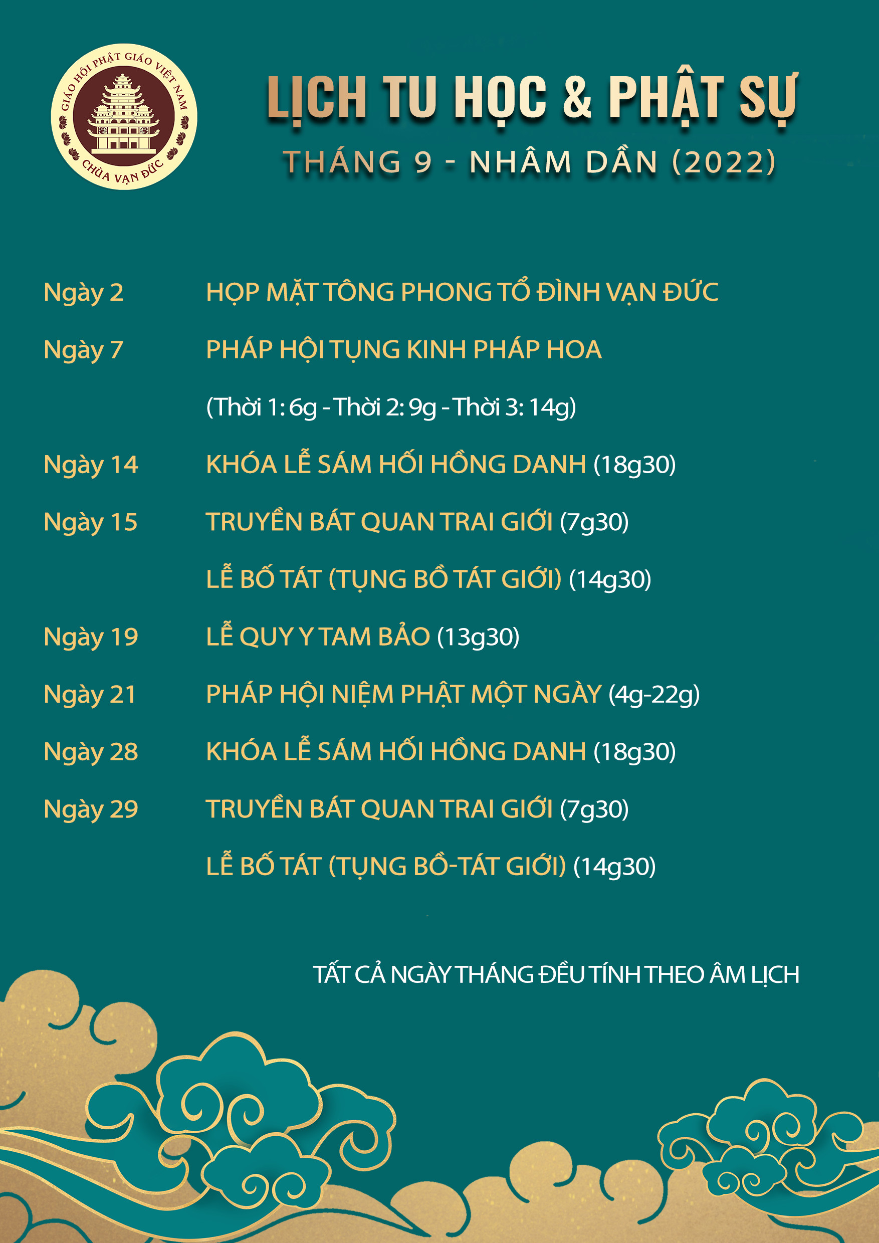 Lịch tu học tháng 9 Chùa Vạn Đức